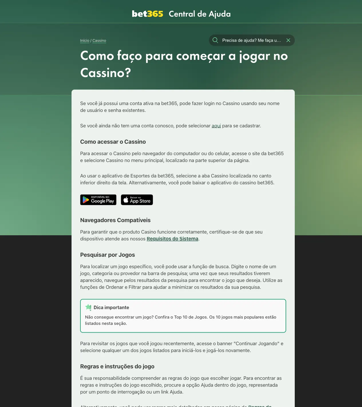 Página da Central de Ajuda bet365 explicando como começar a jogar no Cassino