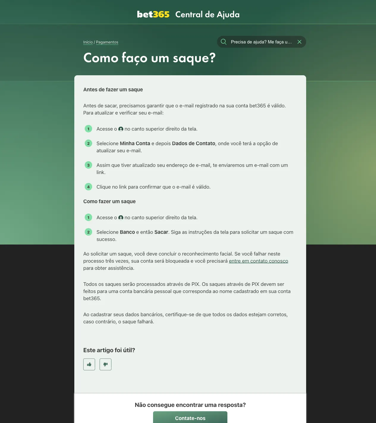 Tela da Central de Ajuda bet365 explicando o passo a passo para solicitar um saque