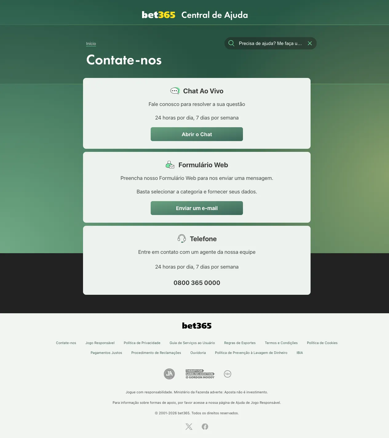 Página Contate-nos da Central de Ajuda bet365 com Chat Ao Vivo, Formulário Web e Telefone