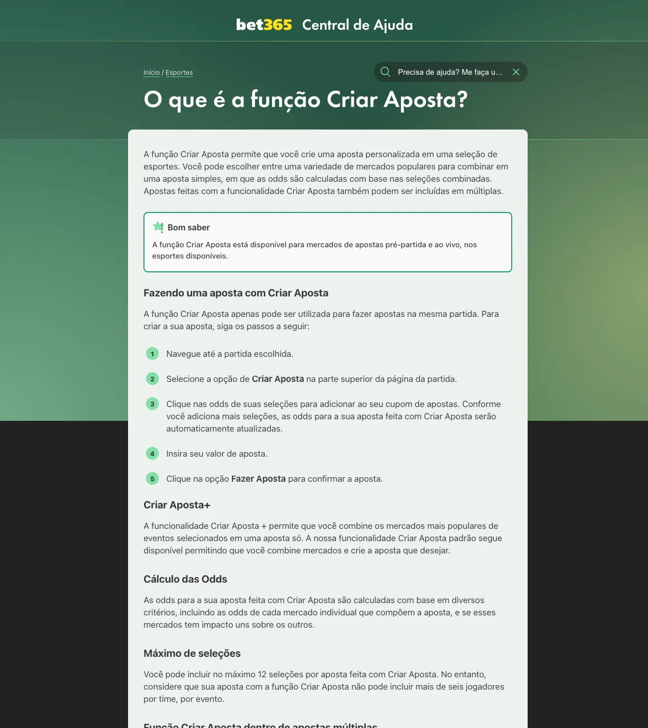 Página de ajuda da bet365 explicando a funcionalidade Criar Aposta