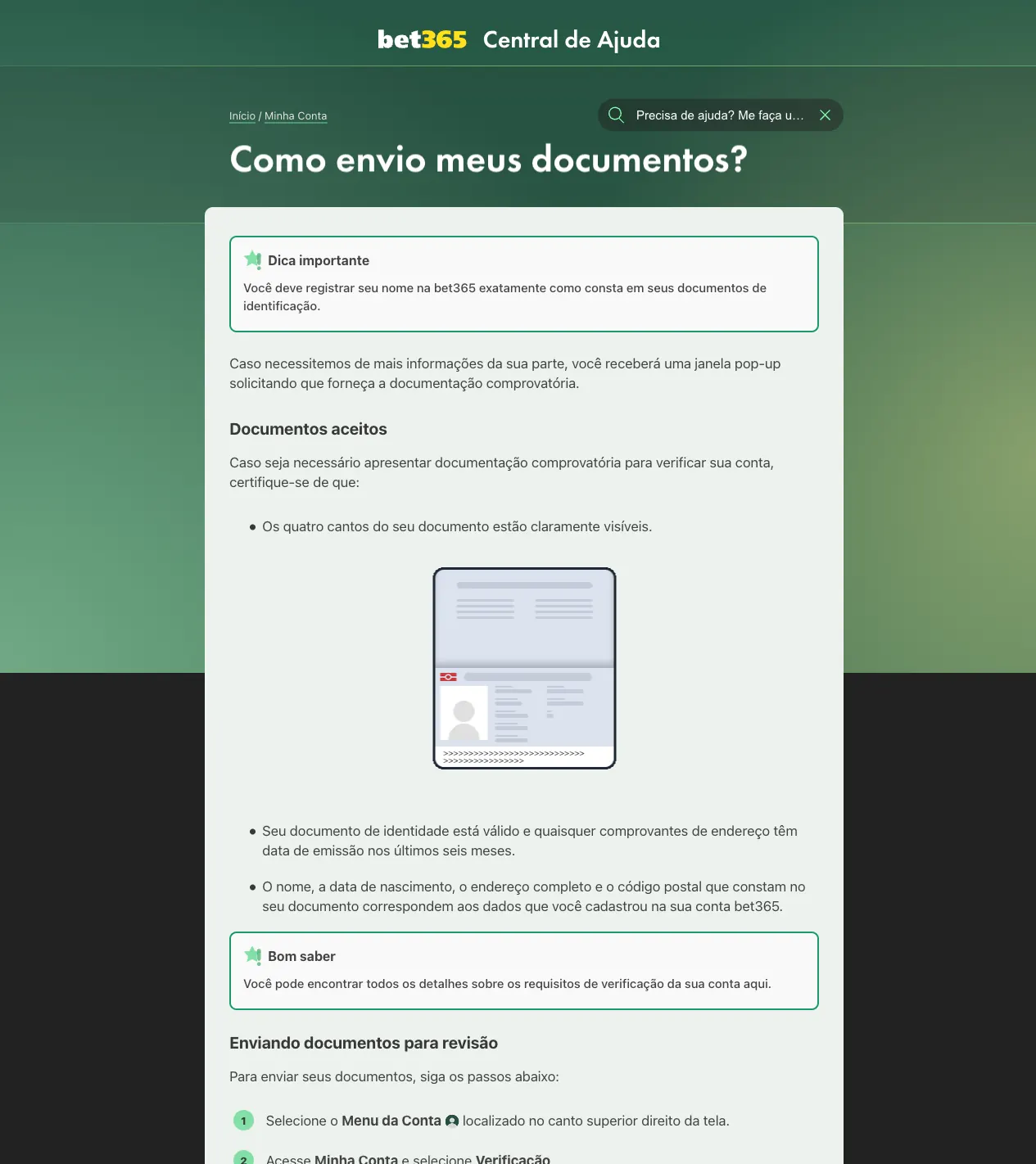 Página da Central de Ajuda bet365 sobre documentos aceitos para verificação de conta