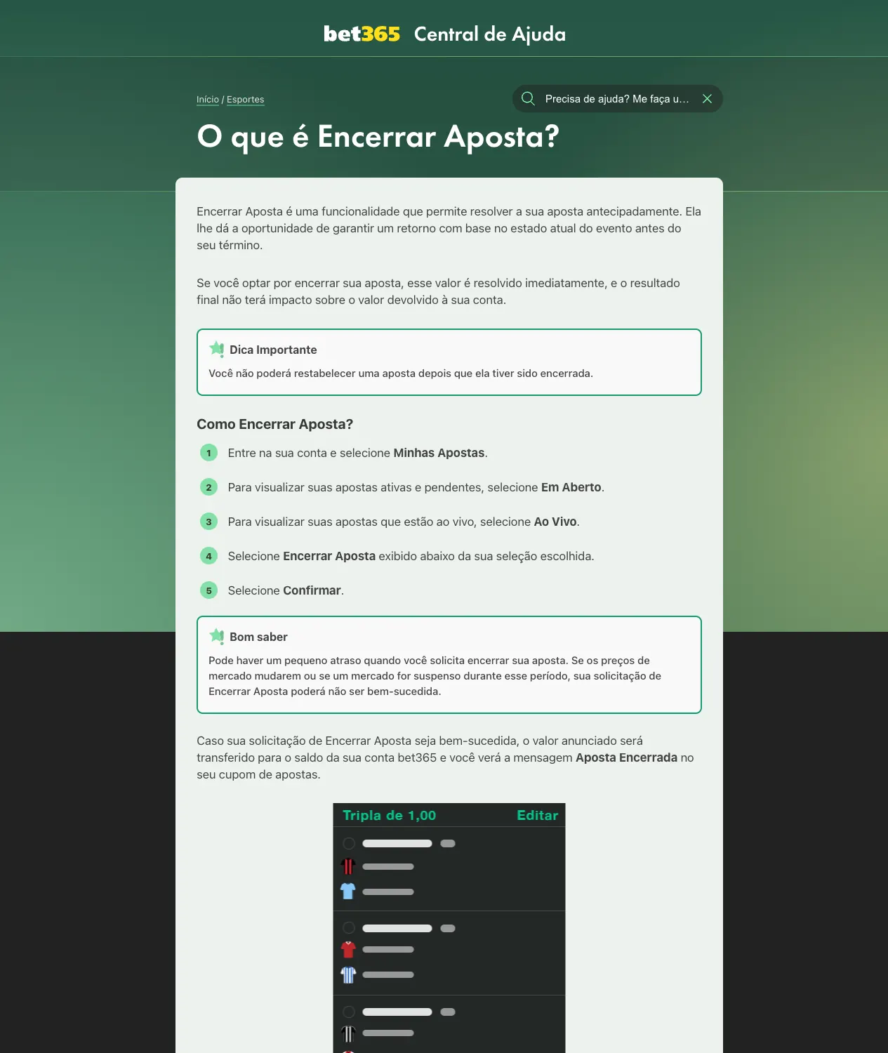 Página de ajuda da bet365 sobre a funcionalidade Encerrar Aposta