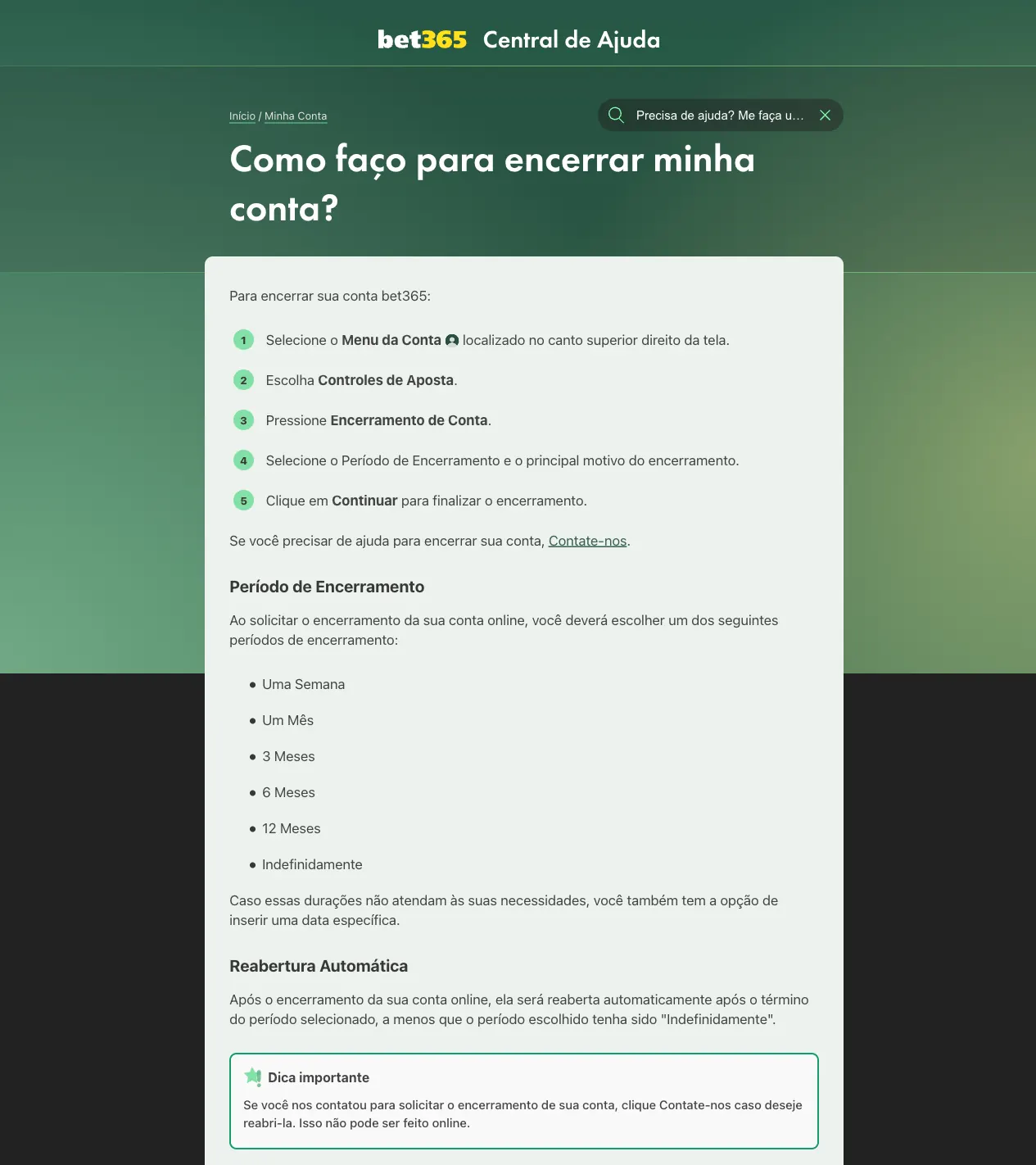 Página da Central de Ajuda bet365 sobre encerramento de conta