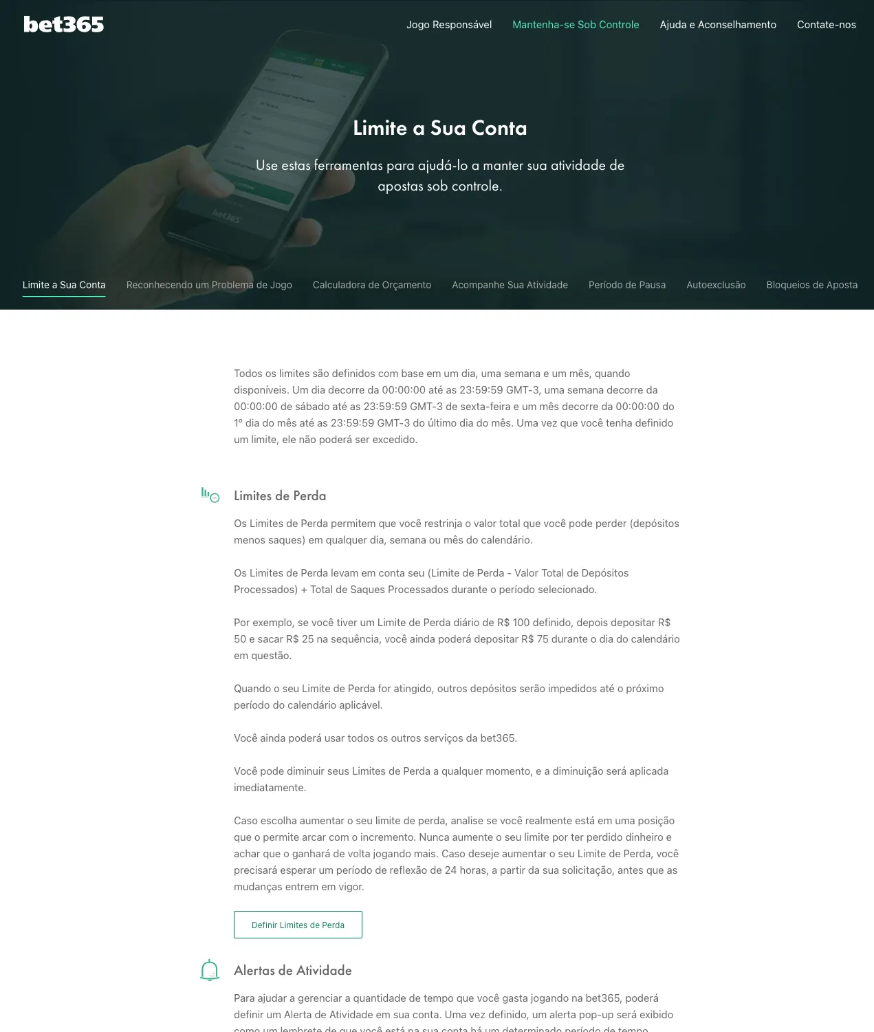Página de Jogo Responsável bet365 sobre Limites de Perda e Limites de Login da conta