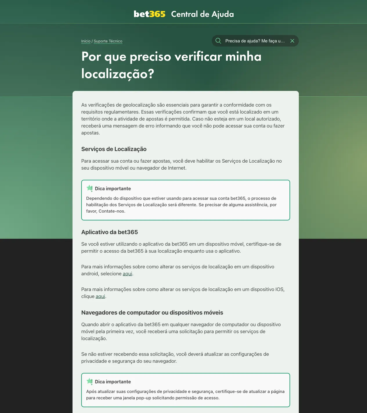 Página da Central de Ajuda bet365 sobre serviços de localização necessários para acessar a conta