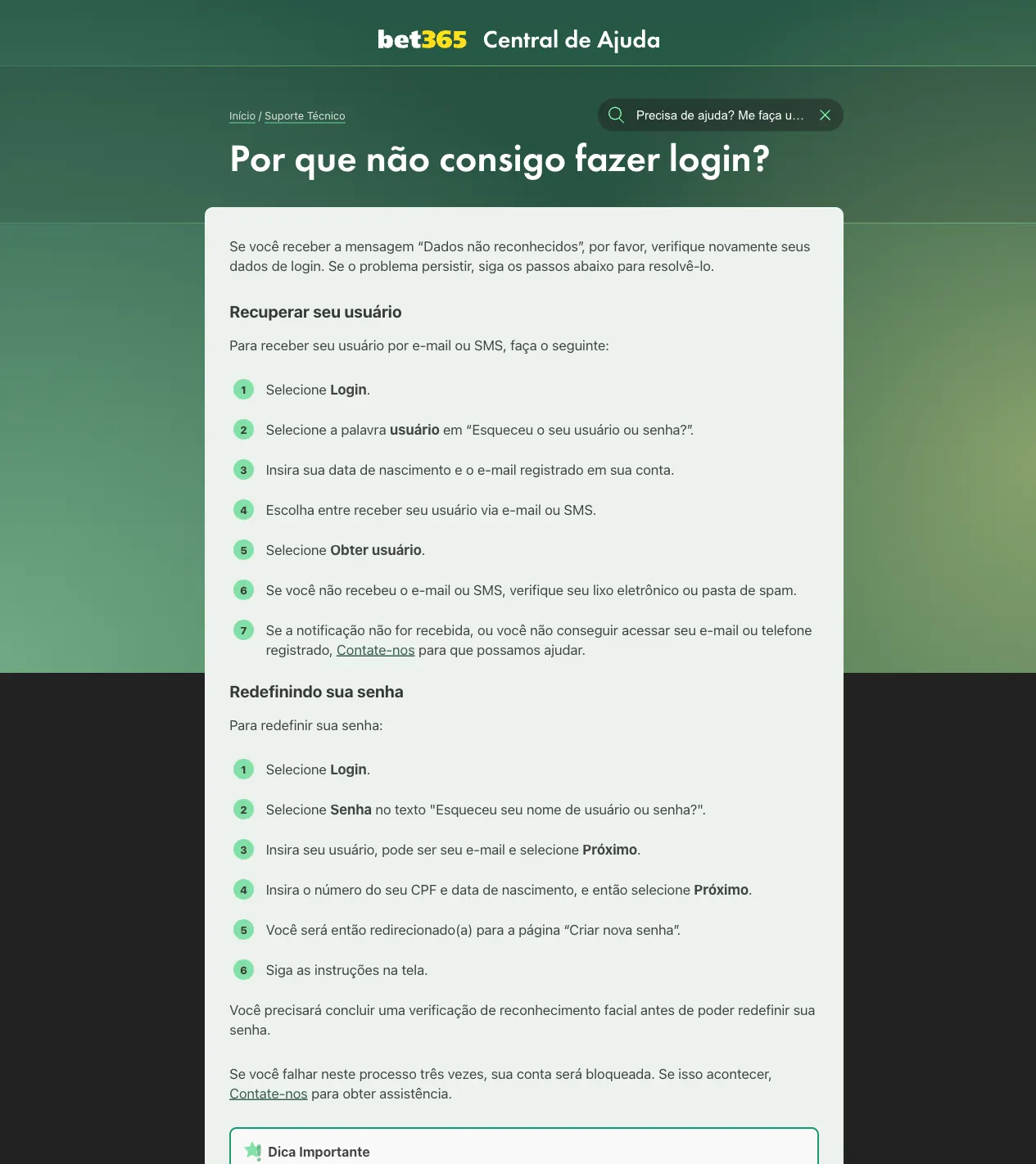 Página da Central de Ajuda bet365 sobre por que não consigo fazer login