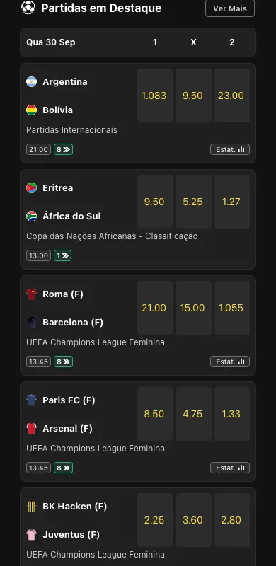 Partidas em destaque com odds 1, X e 2 na página inicial da bet365.bet.br em 30/09/2026
