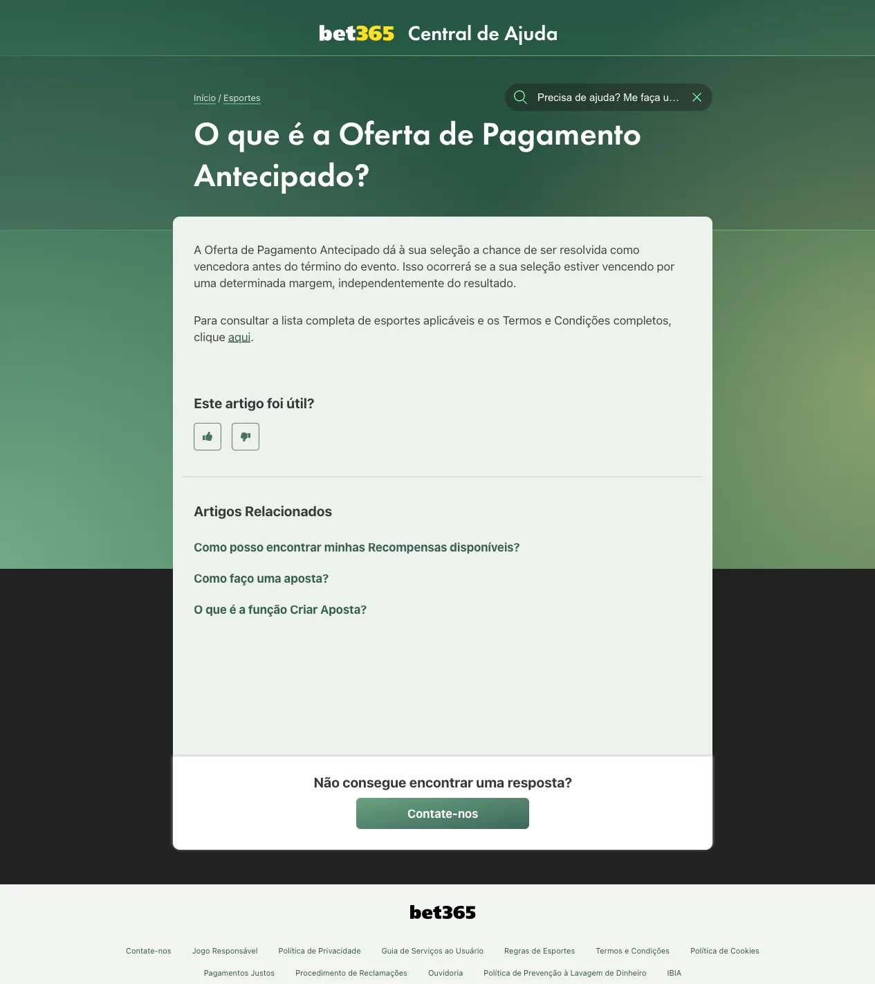 Página de ajuda da bet365 sobre a Oferta de Pagamento Antecipado