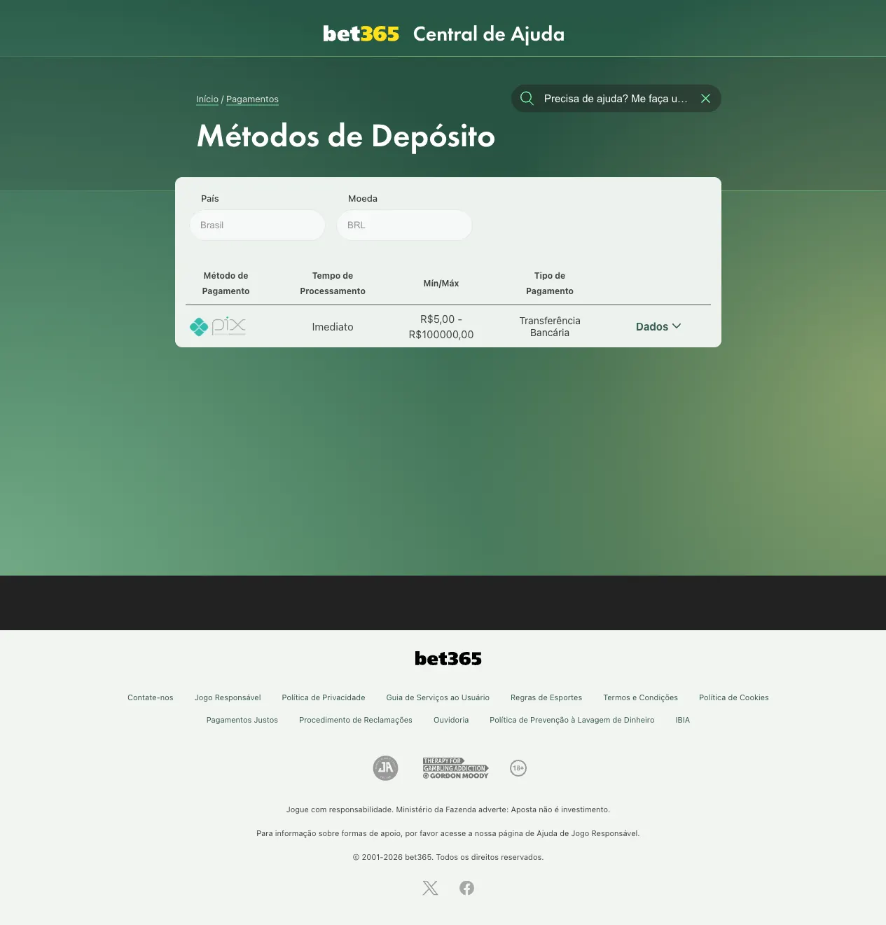 Tabela de Métodos de Depósito da Central de Ajuda bet365