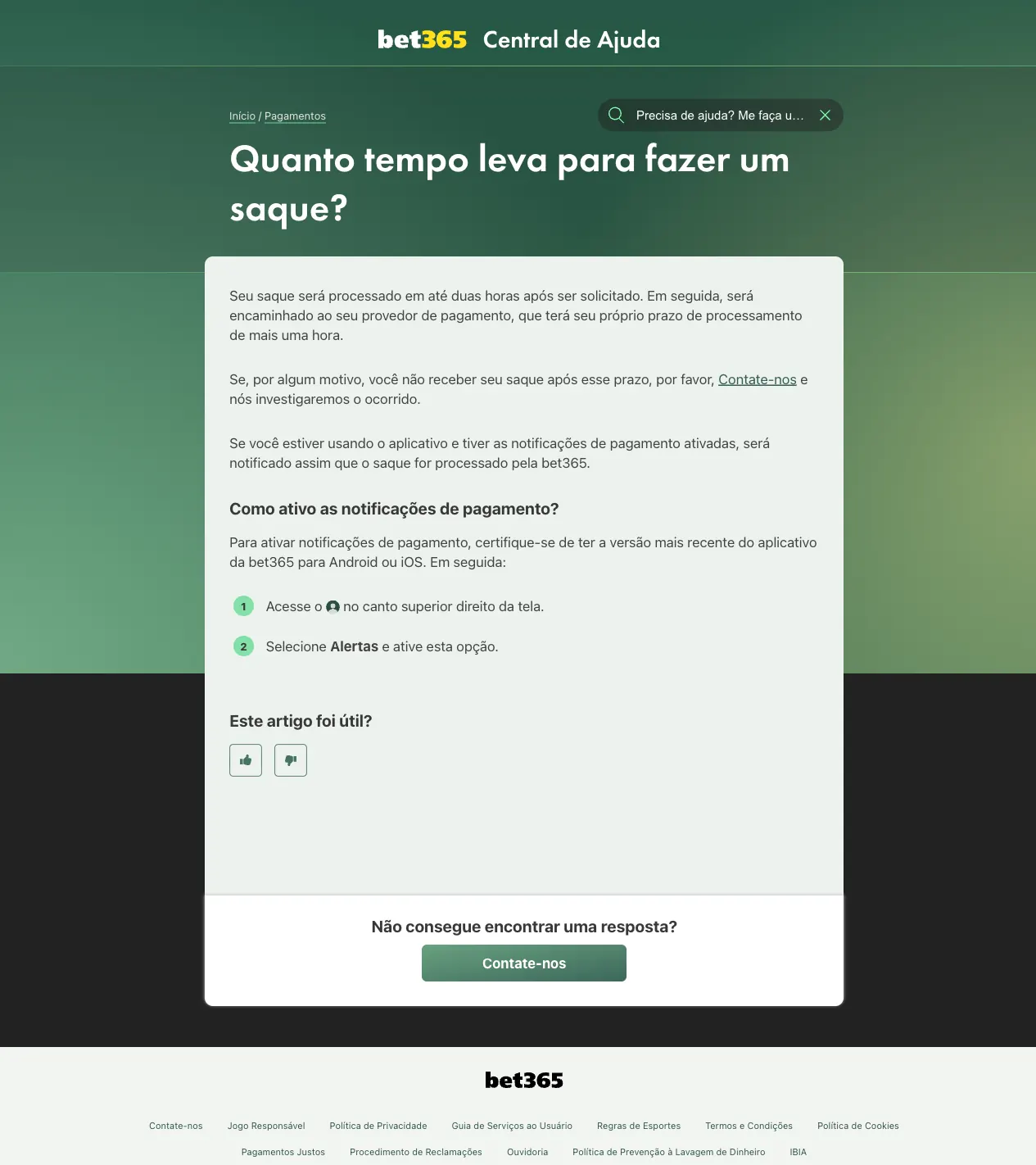Página da Central de Ajuda bet365 sobre o prazo para o saque ser processado