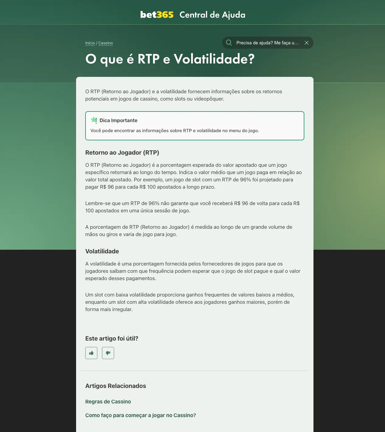 Página da Central de Ajuda bet365 explicando o que é RTP e volatilidade nos jogos de cassino