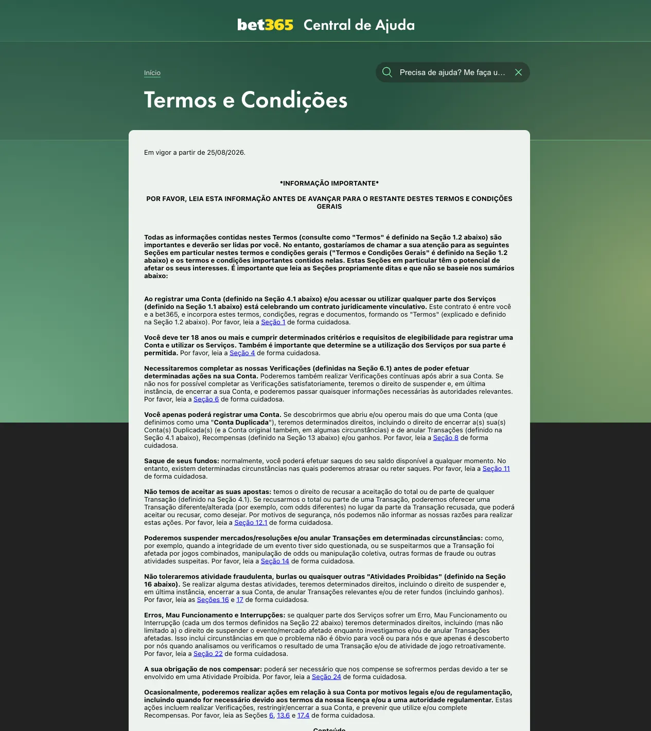 Trecho dos Termos e Condições da bet365 identificando a HS do Brasil Ltda, CNPJ e autorização SPA/MF