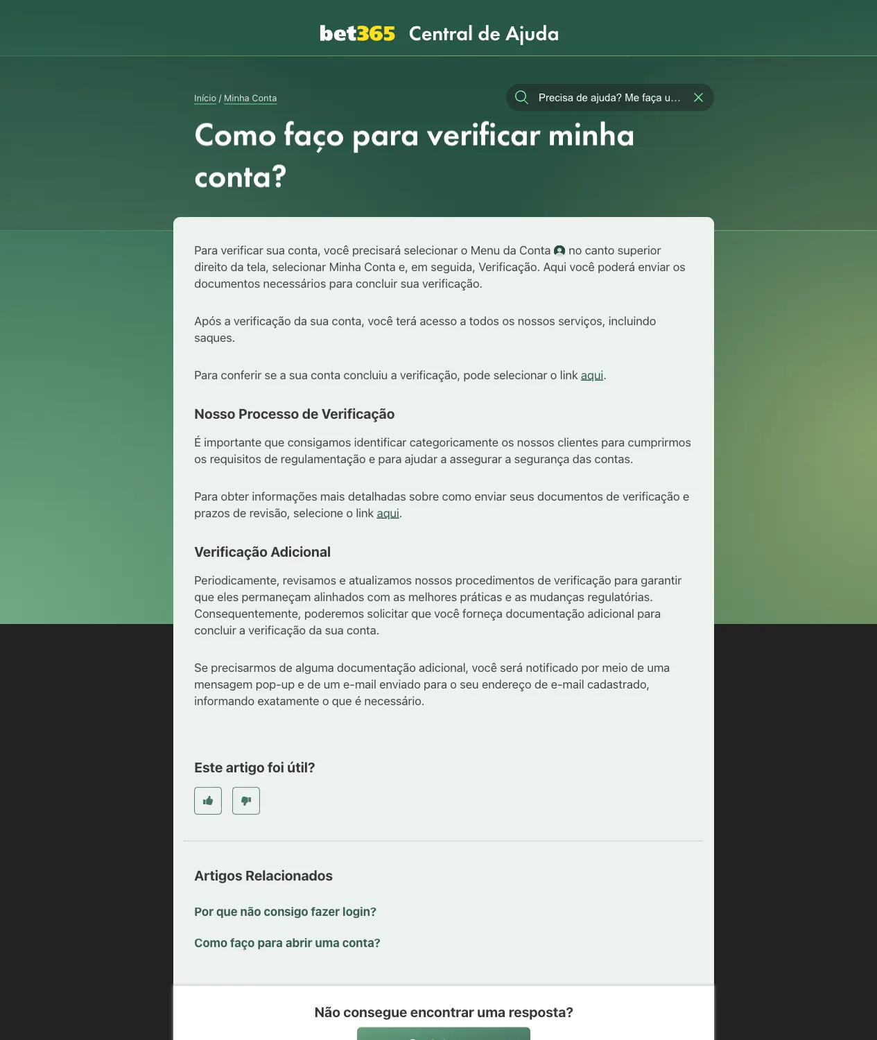 Página da Central de Ajuda bet365 explicando como verificar a conta pelo menu Minha Conta